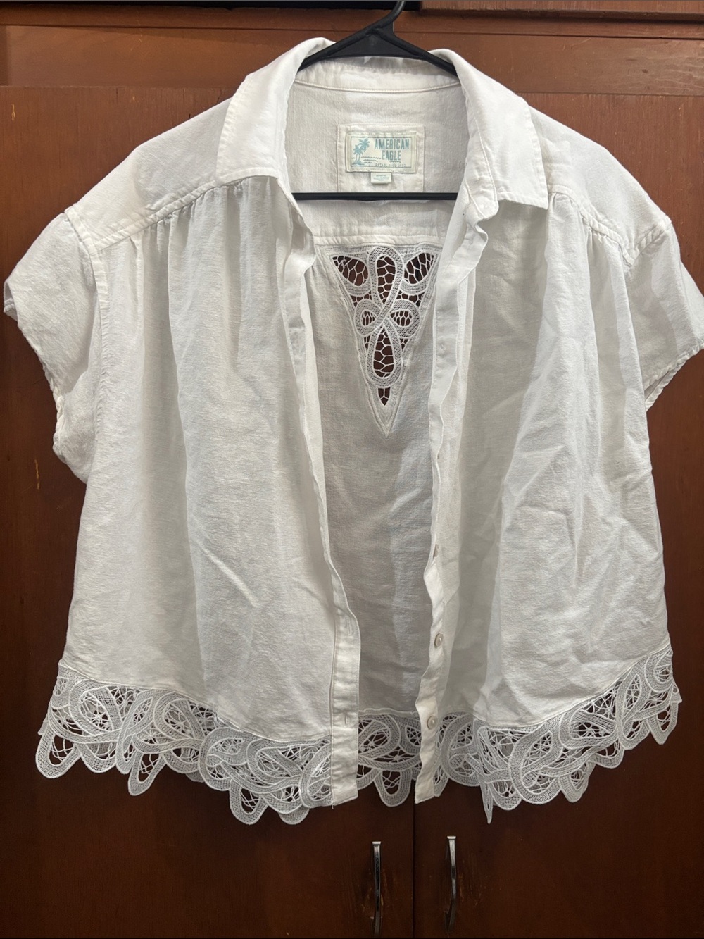 American Eagle Outfitters White Lace-Trim Short Sleeve Button Front Blouse